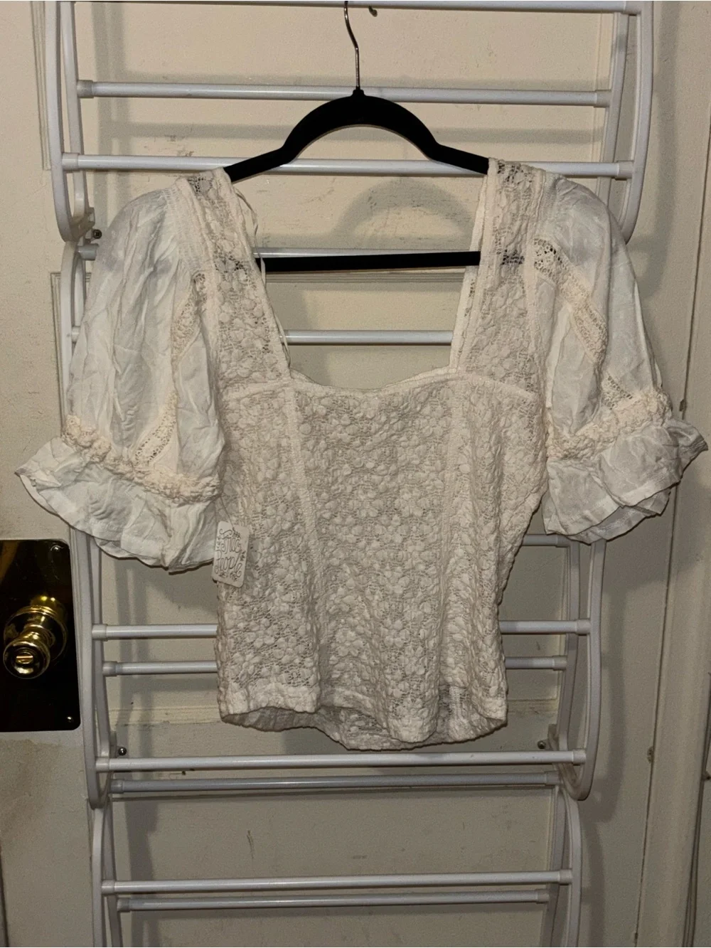 Free PeopleIvory Lace Square-Neck Puff Sleeve Top Milkmaid Cottagecore Romantic